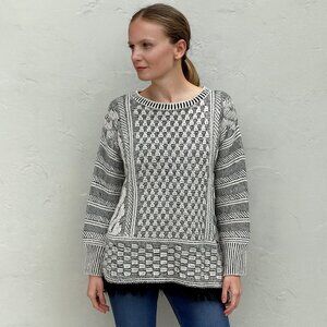 Chaus New York Black White Textured Fringe Hem Sweater Knit Pullover Retro M